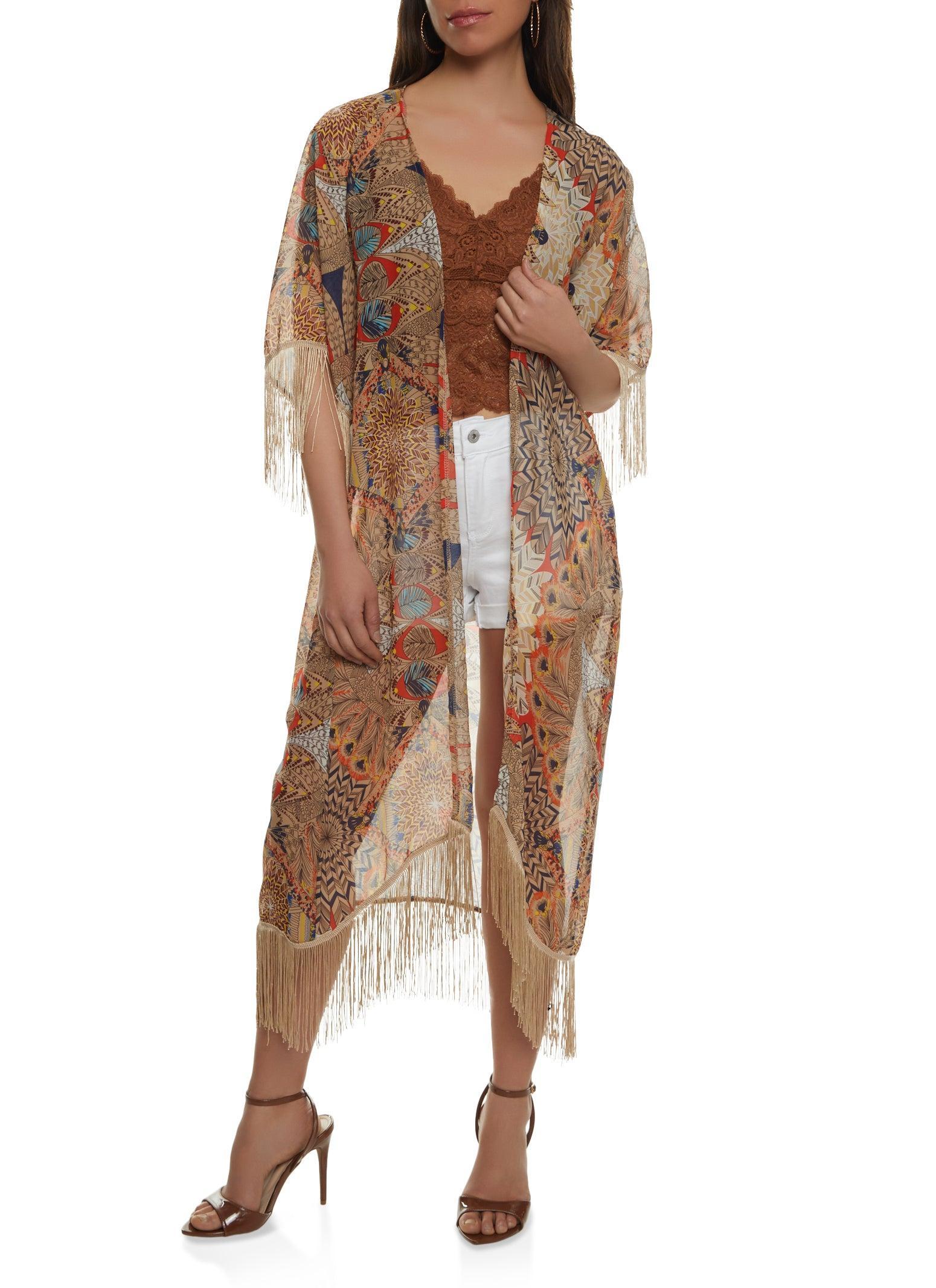 Womens Psychedelic Print Fringe Cover Up Kimono Product Image