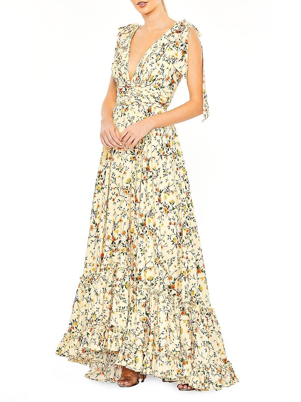 Womens Tiered Sleeveless Floral Print Gown Product Image