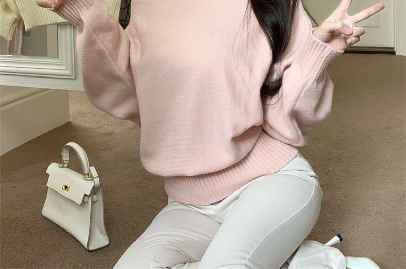 Puff-Sleeve One-Shoulder Plain Sweater Product Image