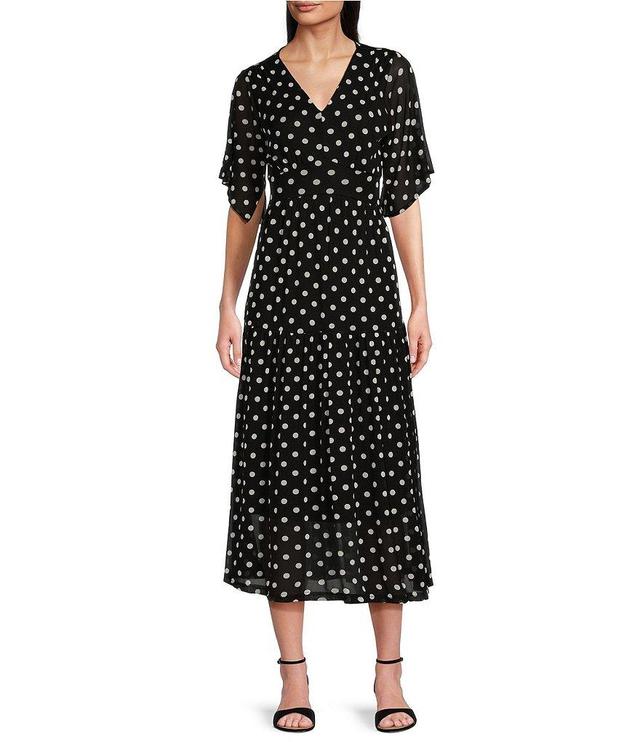 Calessa Stretch Mesh Polka Dot Print V-Neck Short Flutter Sleeve Tiered Hem Long Dress Product Image