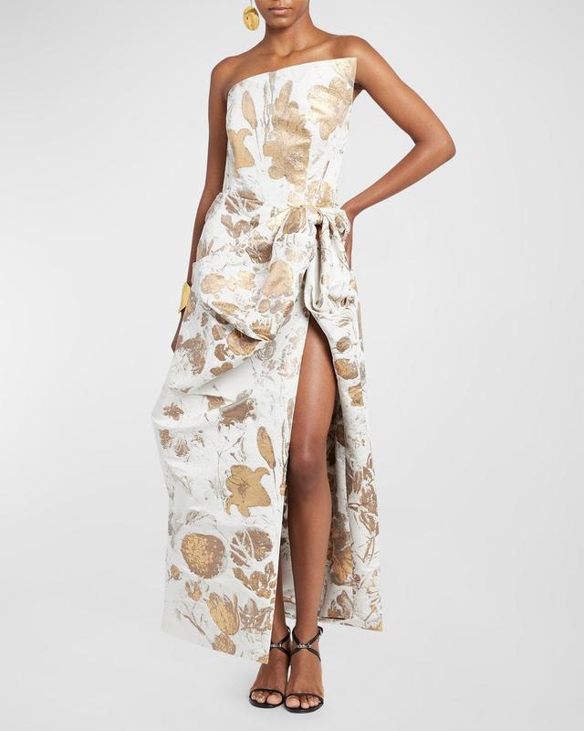 Metallic Floral Brocade Draped Strapless Midi Evening Dress Product Image