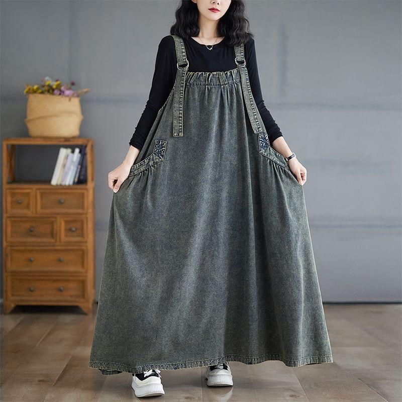 Washed Denim Maxi Dungaree Dress Product Image