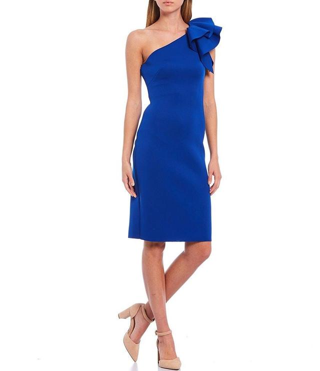 Eliza J One Shoulder Ruffle Cap Sleeve 3D Scuba Sheath Dress Product Image