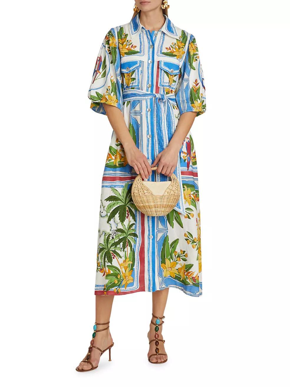 Tropical Destination Linen-Blend Belted Midi-Dress Product Image