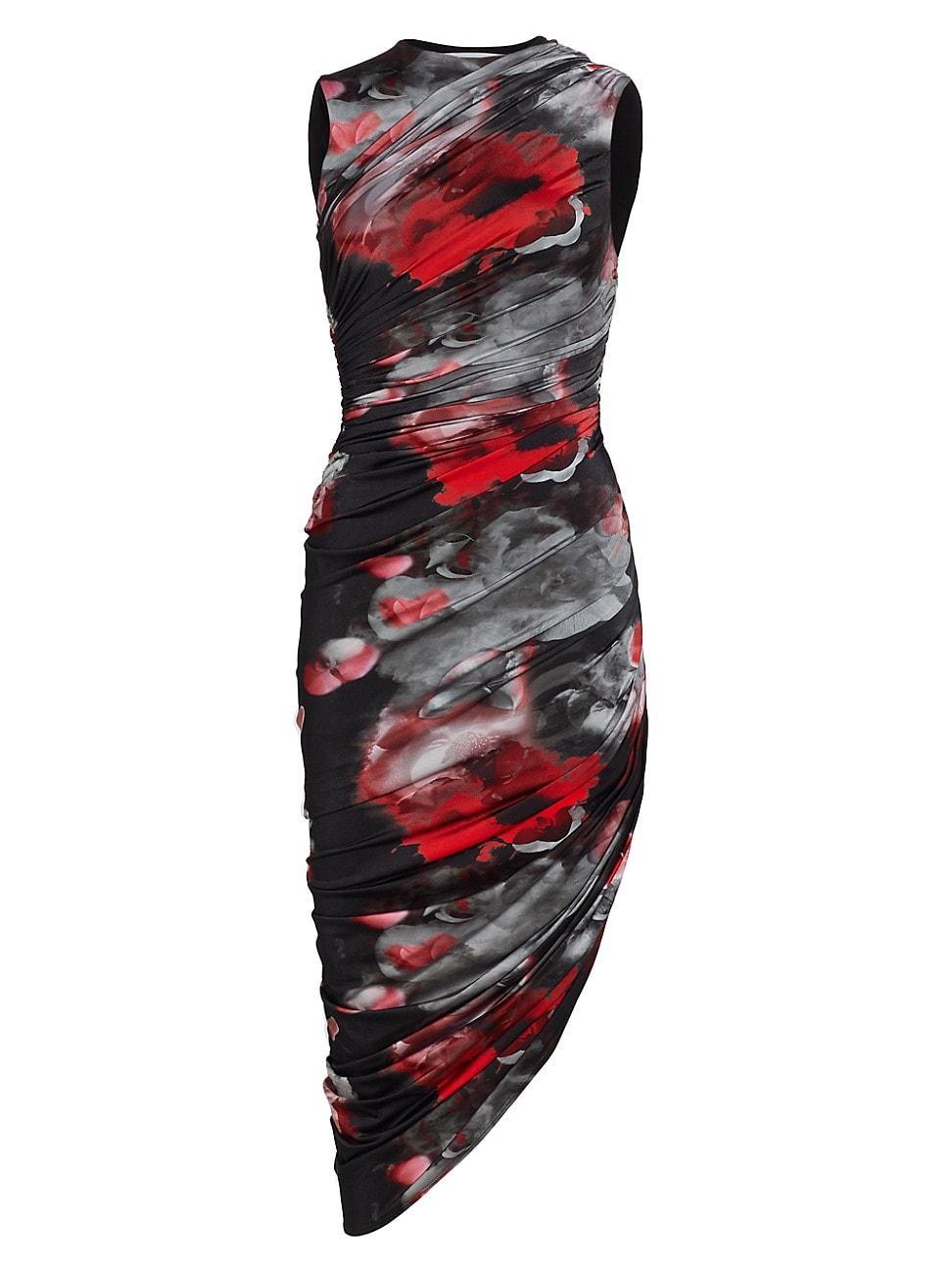 Womens Abstract-Print Ruched Asymmetric Midi-Dress Product Image