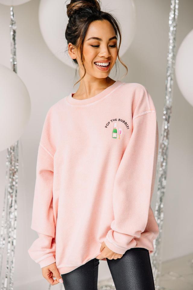 Pop The Bubbly Blush Pink Embroidered Corded Sweatshirt Female Product Image