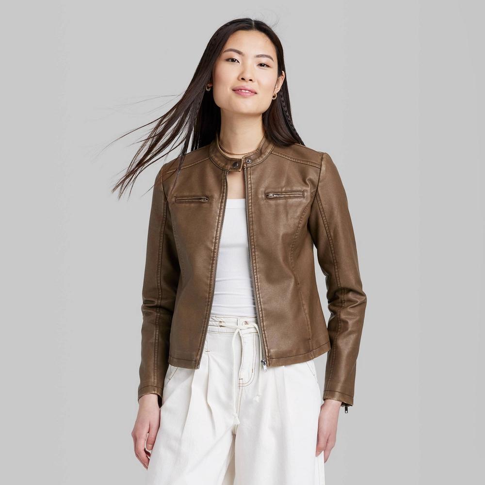 Women's Faux Leather Racing Jacket - Wild Fable™ Brown XS Product Image