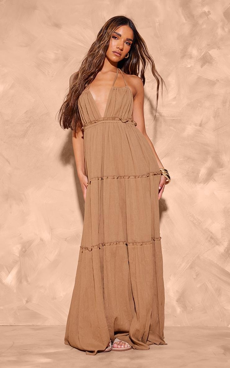 Taupe Tiered Halterneck Maxi Dress Product Image