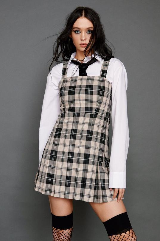 Check Pleated Square Neck Mini Dress Product Image