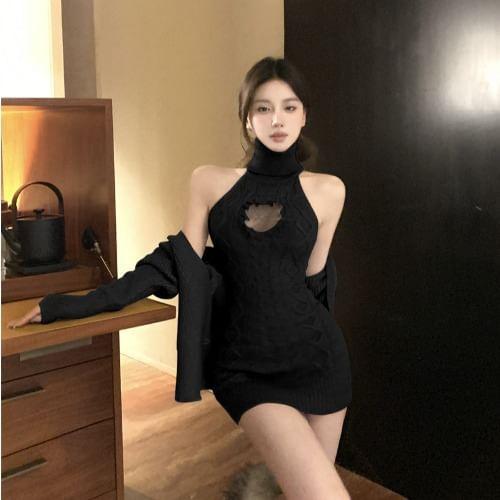 Sleeveless Turtleneck Plain Cable Knit Mini Sheath Dress / Plain Cardigan Product Image