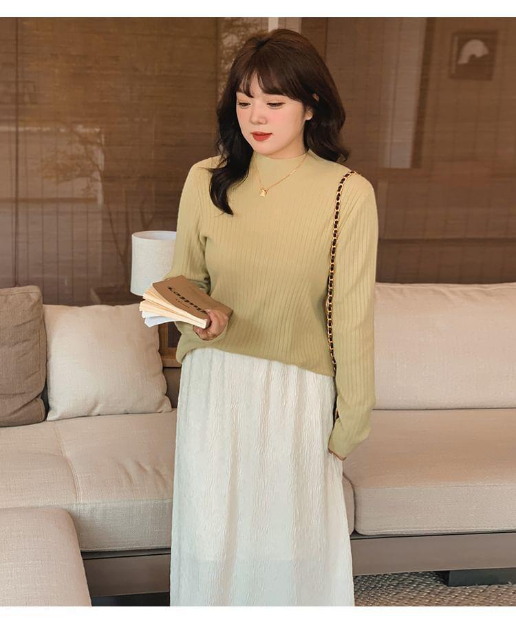 Long Sleeve Mock Neck Plain Ribbed Knit Top Product Image