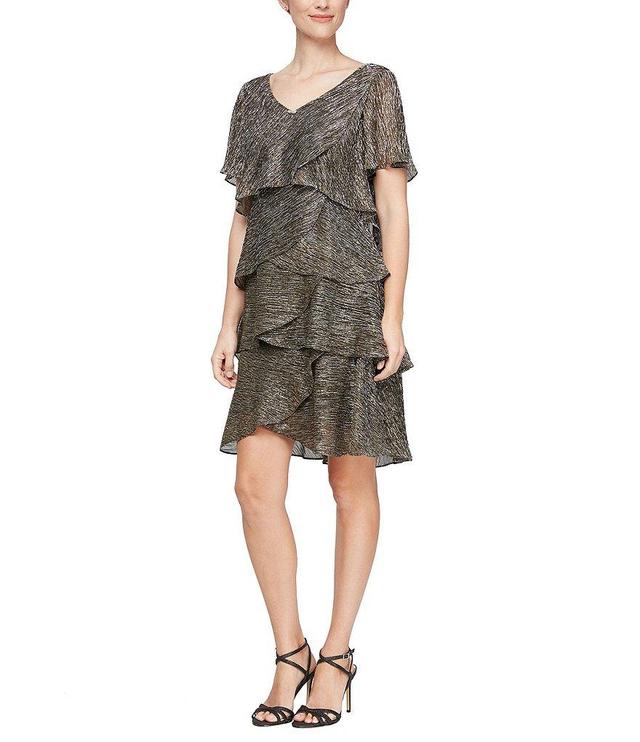 Ignite Evenings Shimmer Tiered Ruffle V-Neck Embellishment Short Flutter Sleeve Shift Dress Product Image