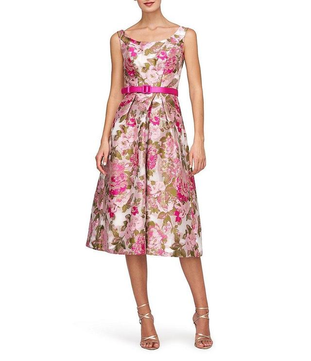 Kay Unger Floral Print Metallic Organza Jacquard Scoop Neck Sleeveless Belted Dress Product Image