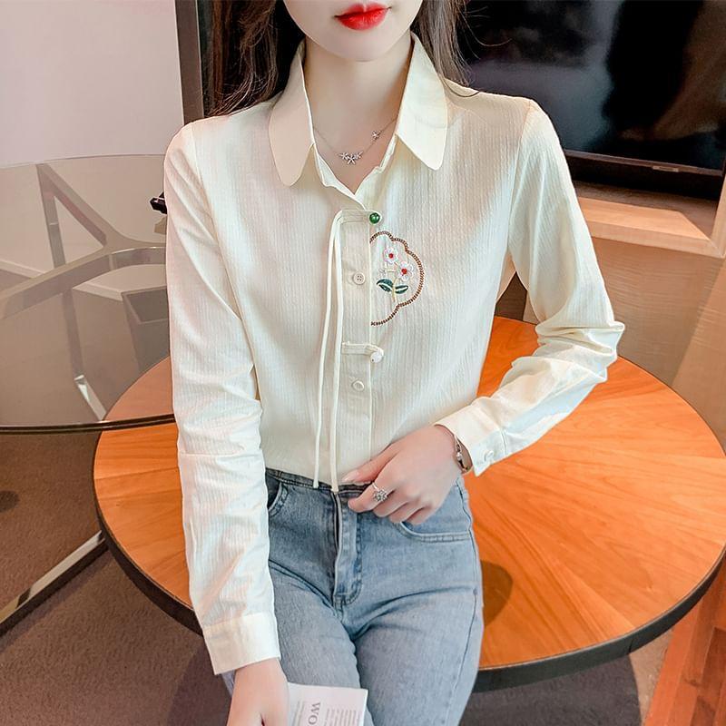 Long-Sleeve Collared Floral Embroidered Button-Up Blouse Product Image