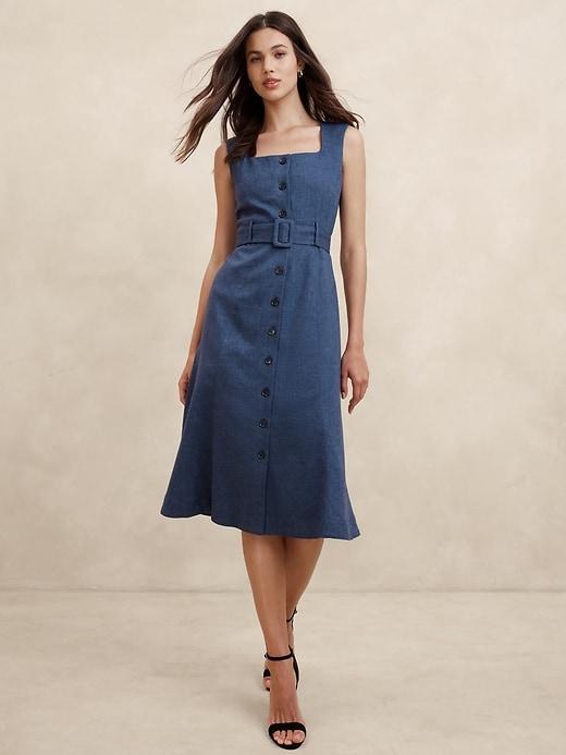 Linen-Blend Button Midi Dress Product Image