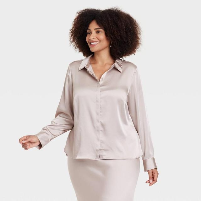 Womens Long Sleeve Button-Down Satin Shirt - A New Day Beige 2X Product Image