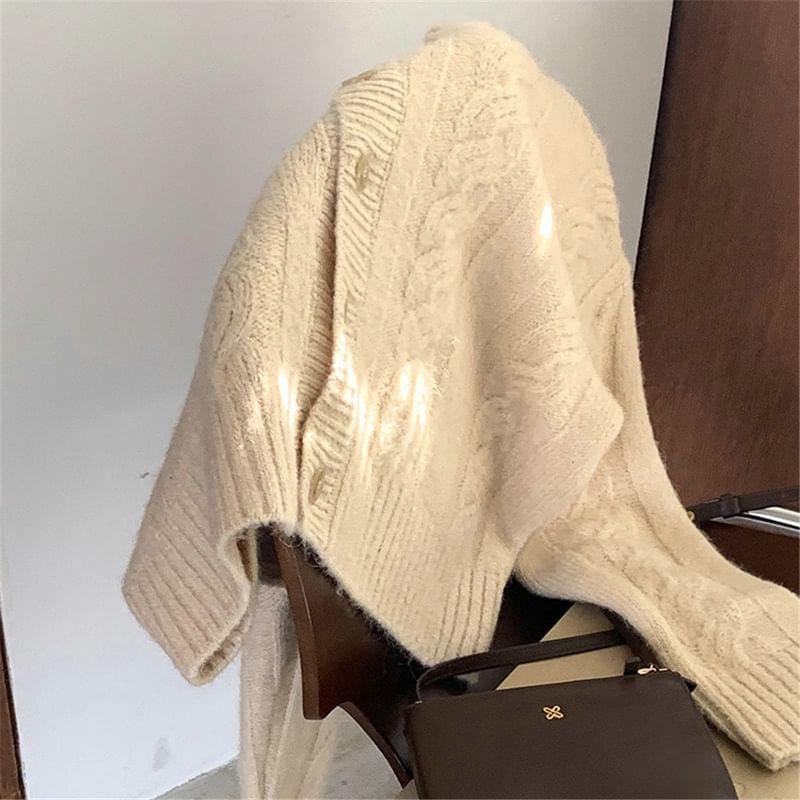 Round Neck Plain Cable-Knit Cardigan Product Image