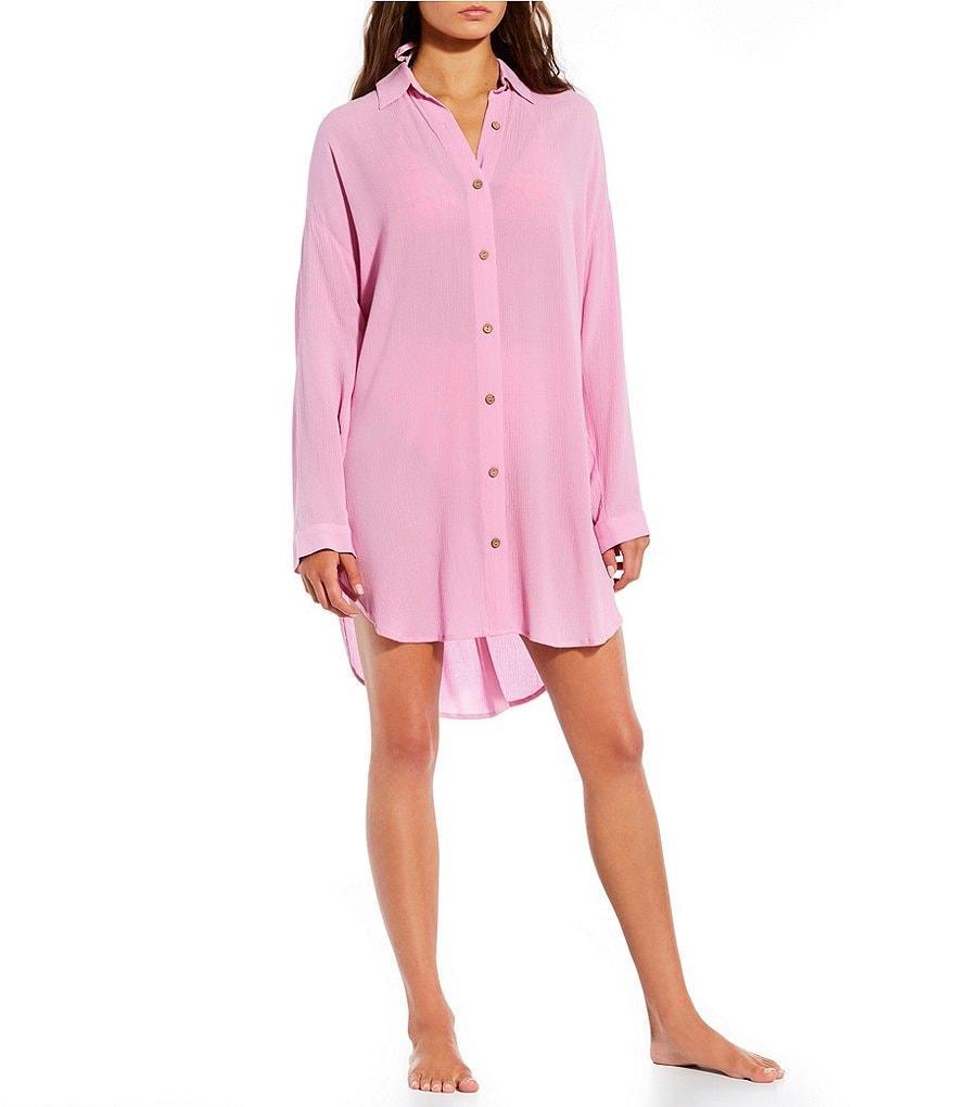 GB Button Front Long Sleeve Shirt Dress Cover-Up Product Image