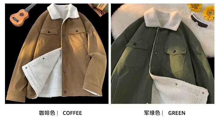 Collar Fleece-Lined Corduroy Button Utility Jacket Product Image