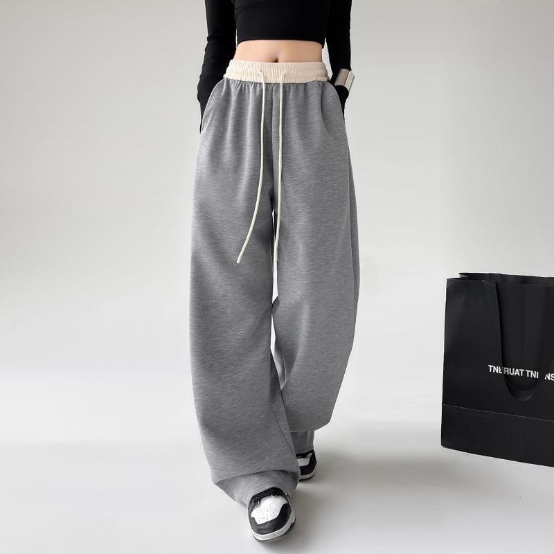 Drawstring Waist Two Tone Wide Leg Sweatpants Product Image