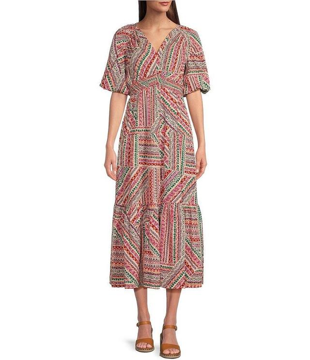 Democracy Woven Abstract Stripe Print V-Neck 3/4 Bubble Sleeve Tiered A-Line Midi Dress Product Image