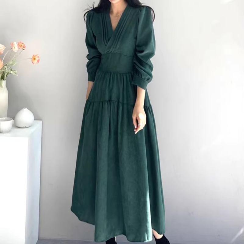 Long Sleeve V-Neck Plain Pintuck Panel Midi A-Line Dress Product Image