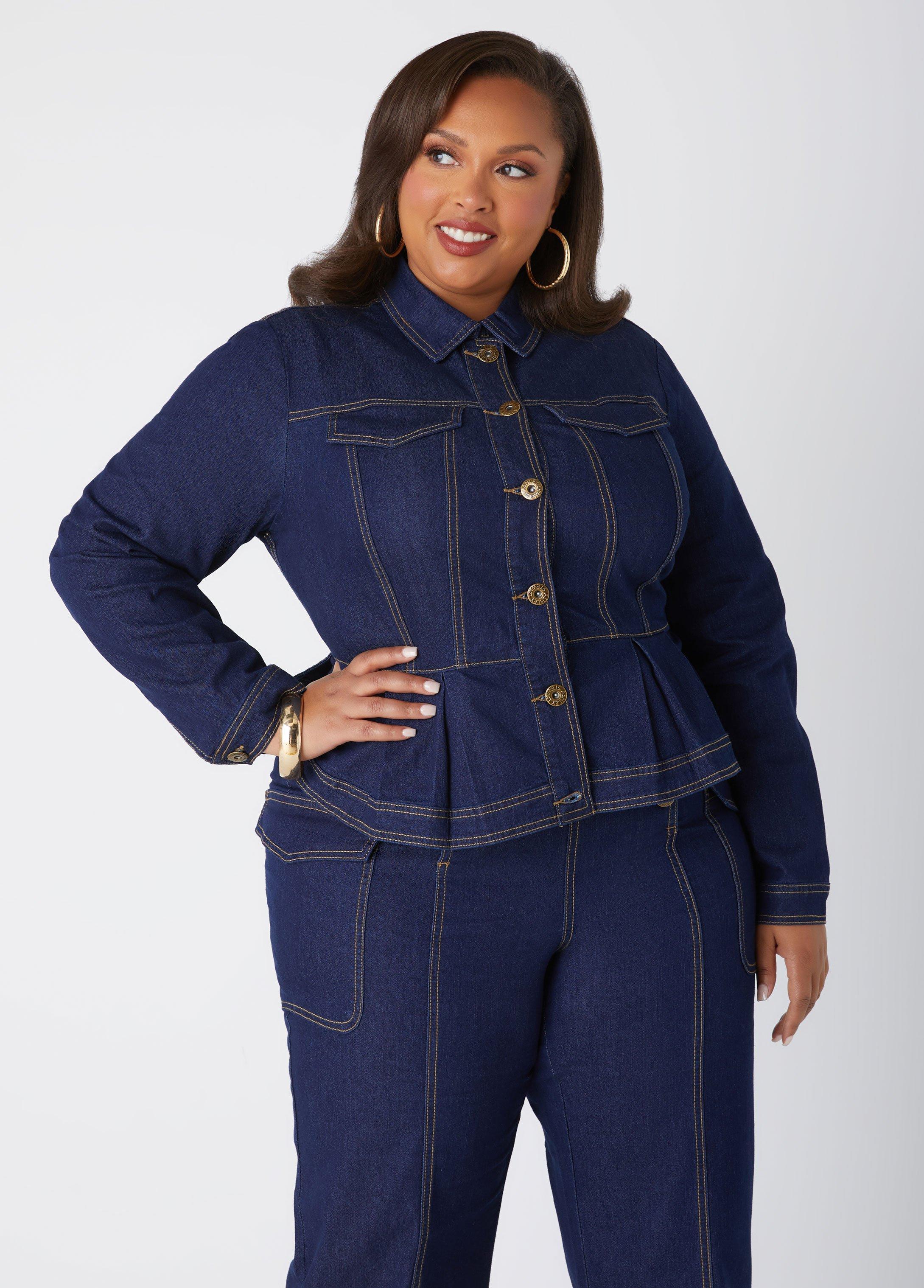 Plus Size Pleated Denim Peplum Jacket Ashley Stewart Product Image