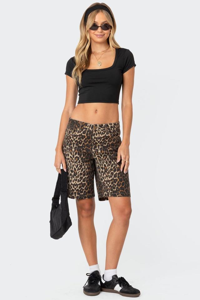 Leopard Low Rise Denim Bermuda Shorts Product Image