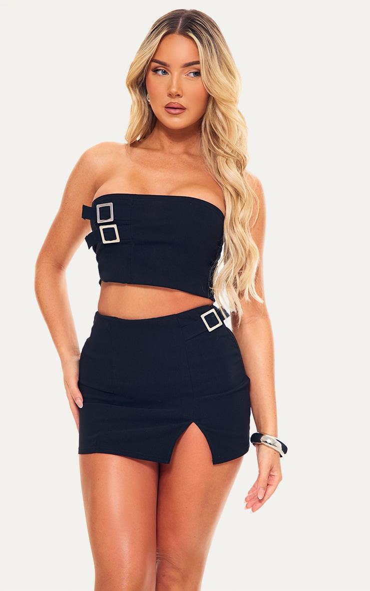 Black Woven Stretch Tailored Bandeau Buckle Top Product Image