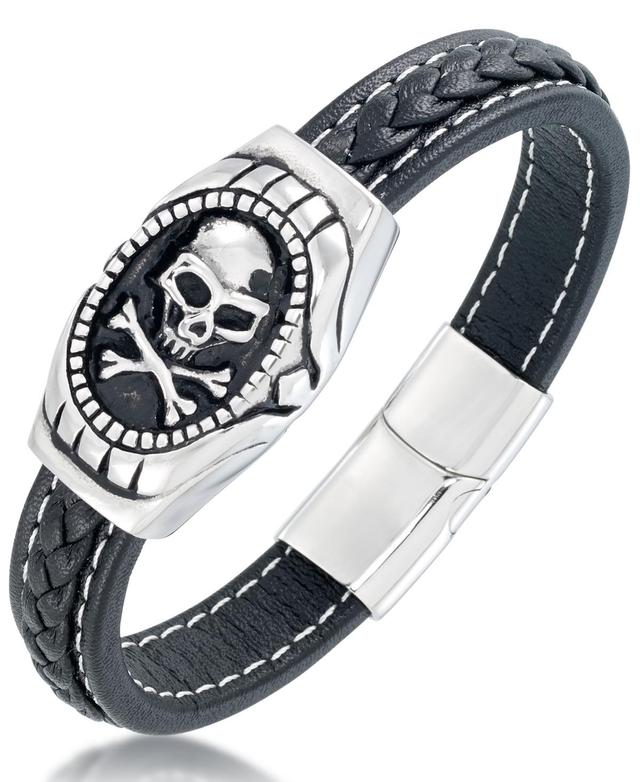 Andrew Charles by Andy Hilfiger Mens Black Leather Skull Bracelet in Stainless Steel Product Image