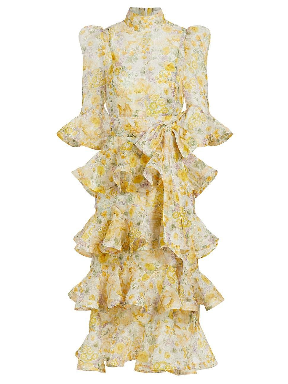 Womens Harmony Linen-Silk Floral Tiered Midi-Dress Product Image