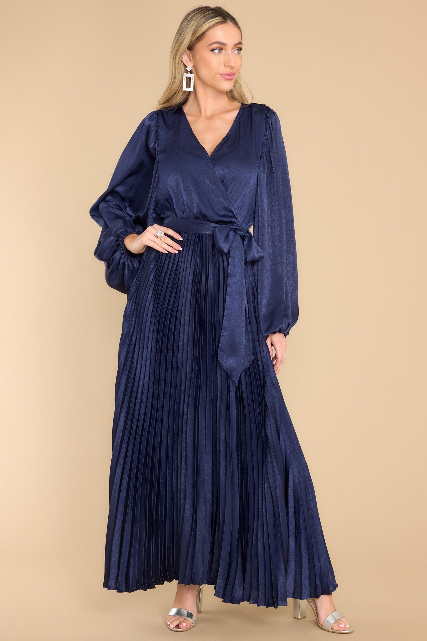 Aura Sugarplum Charm Navy Pleated Maxi Dress Product Image