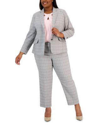 Kasper Plus Size Plaid Blazer Twist Neck Top Straight Leg Ankle Pants Product Image