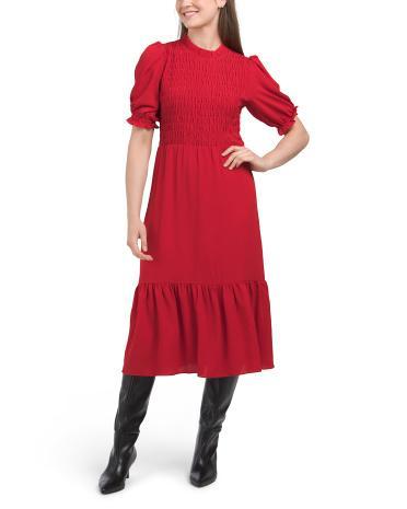 Smocked Bodice Puff Sleeve Midi Dress for Women | Polyester/Spandex product image