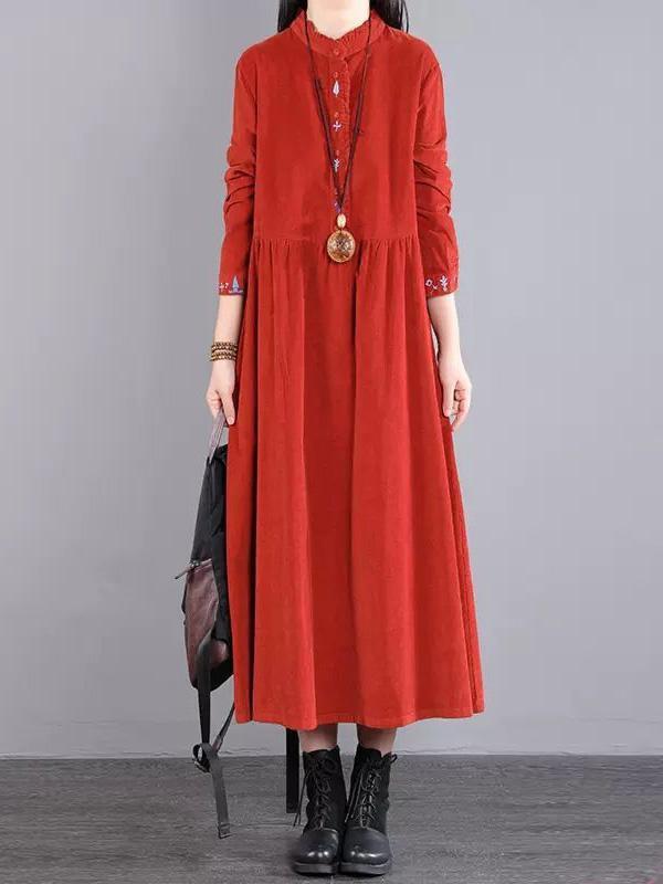 Vintage Corduroy Long Sleeves A-Line Embroidered Solid Round-Neck Midi Dresses Product Image