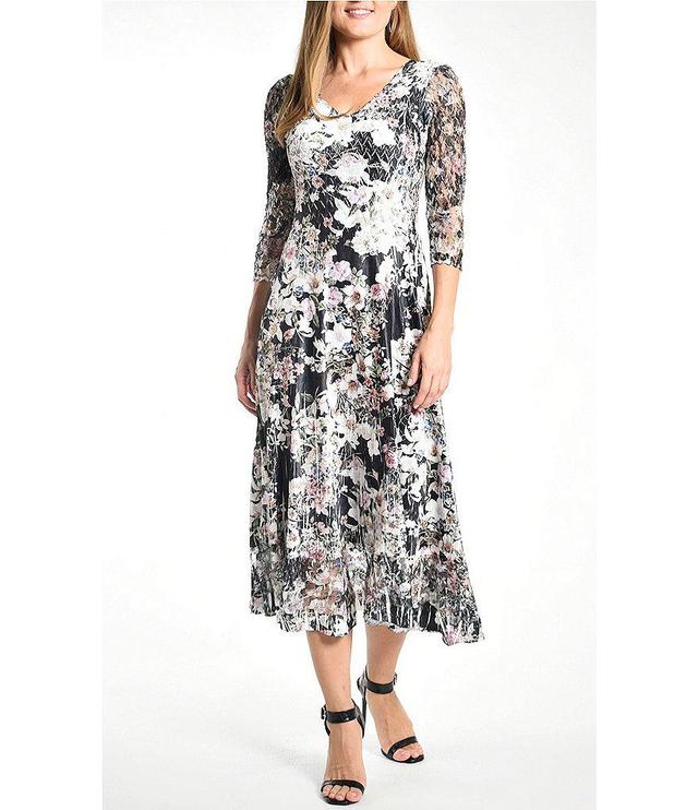 Komarov Floral Charmeuse V-Neckline Lace 3/4 Sleeve Midi Dress Product Image