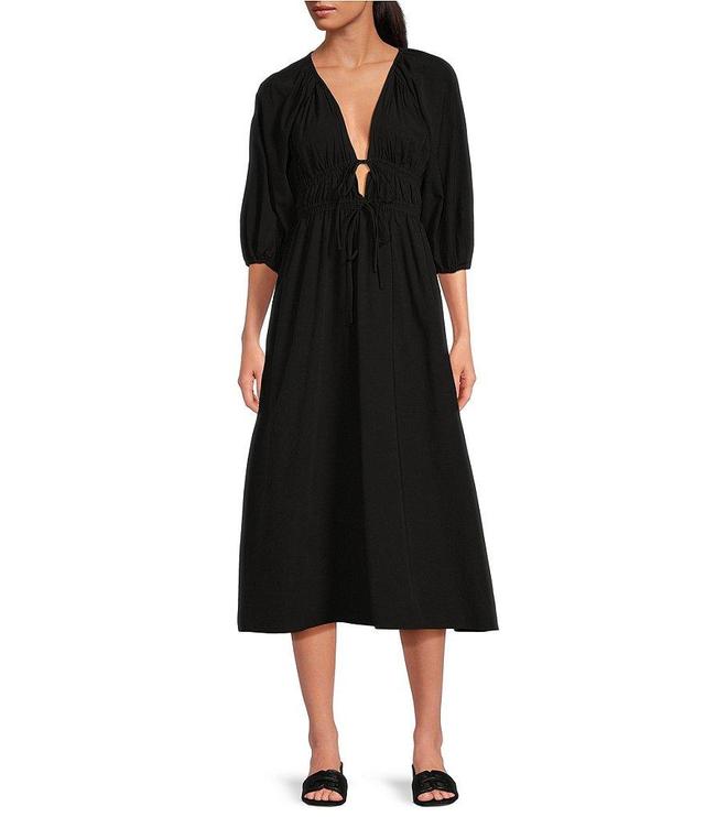 WAYF Angela V Neck Long Sleeve Ruched Midi Dress Product Image