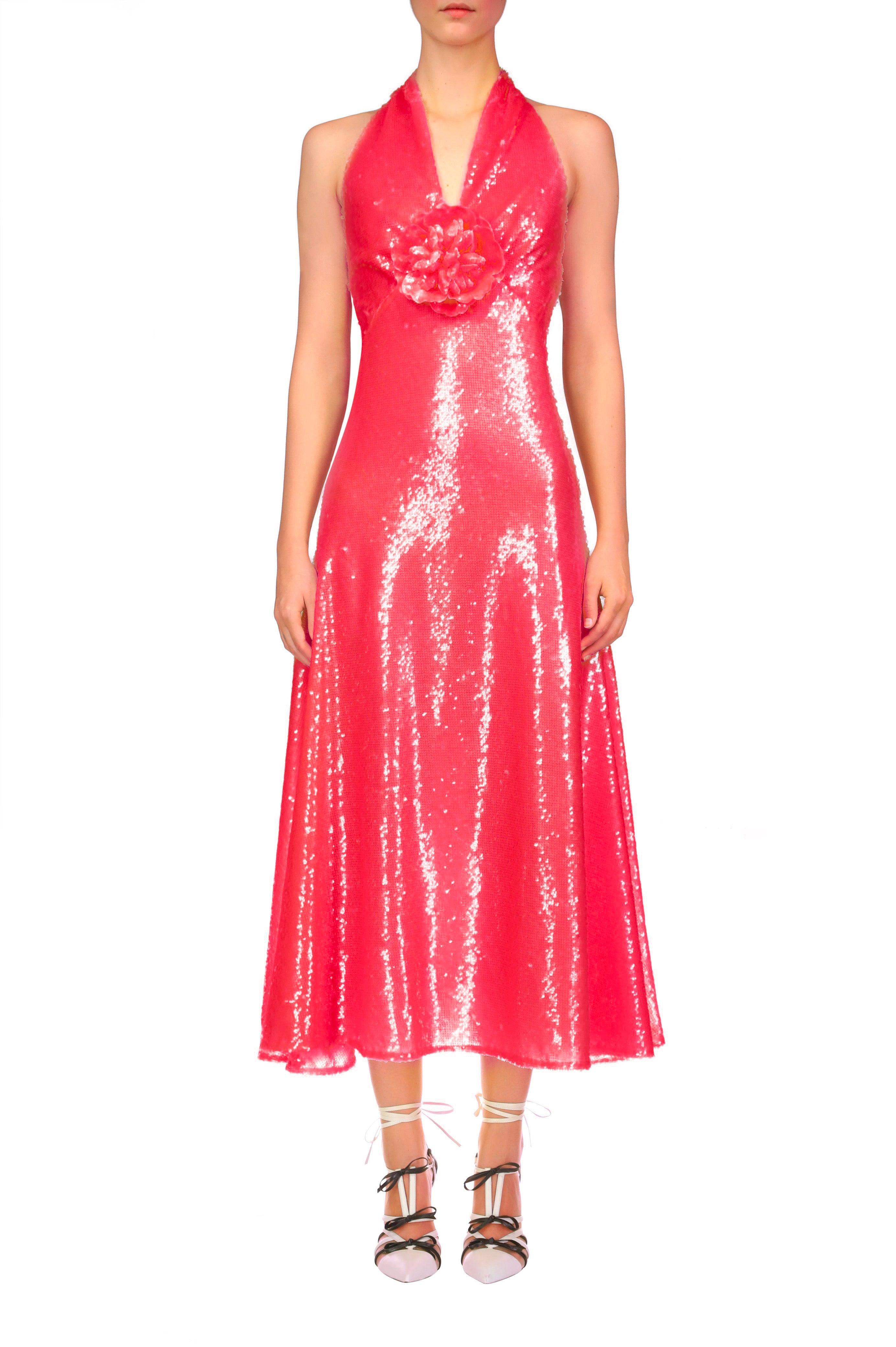 Pink Sequin Halter Bias Dress With Flower Detail product image