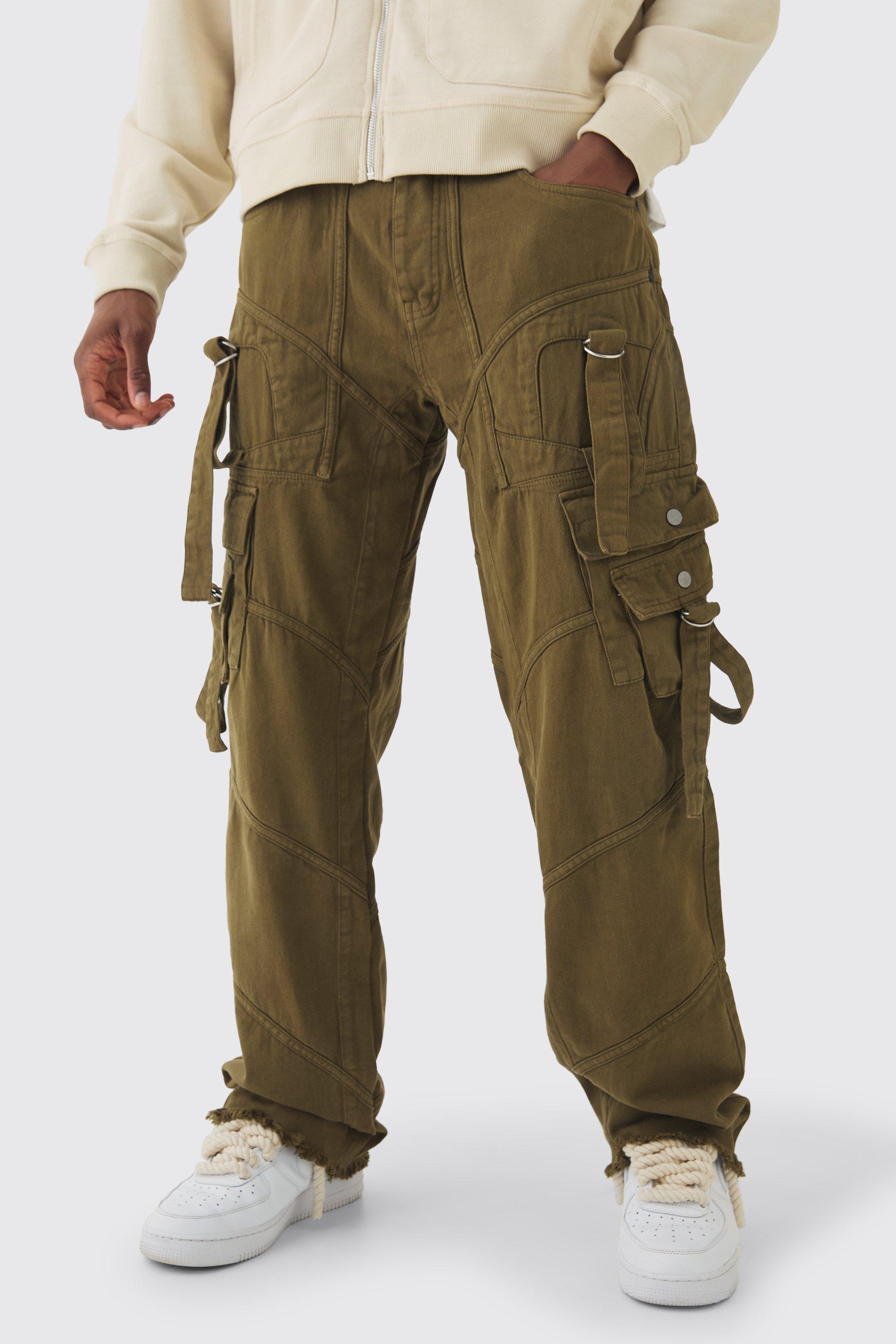 Tall Overdyed Relaxed Fit Strap And Buckle Pants In Khaki | boohooMAN USA Product Image