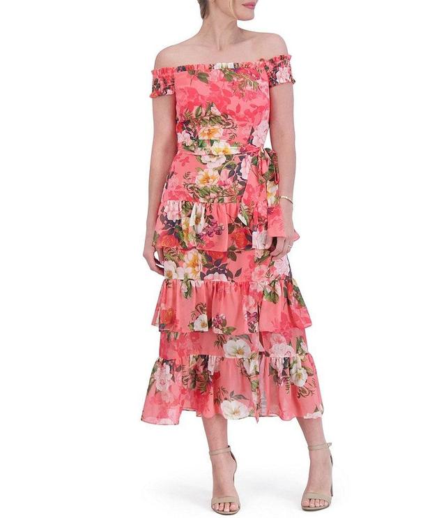 Eliza J Chiffon Floral Print Off The Shoulder Cap Sleeve Tiered Tie Waist Midi Dress Product Image