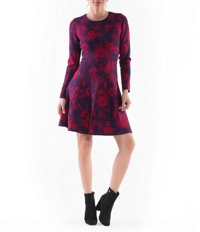 Julia Jordan Sweater Knit Floral Print Round Neck Long Sleeve Mini Dress Product Image