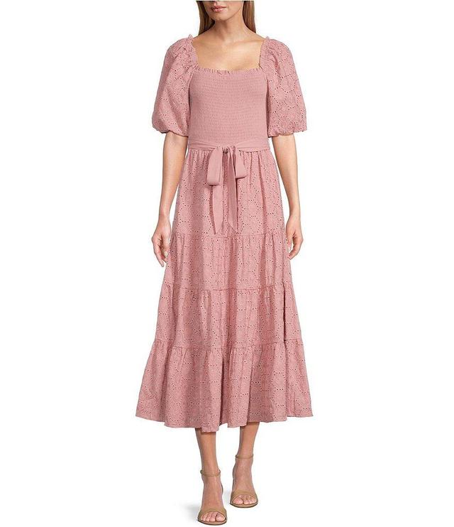 Nurture by Westbound Short Puff Sleeve Square Neck Belted Midi A-Line Dress Product Image