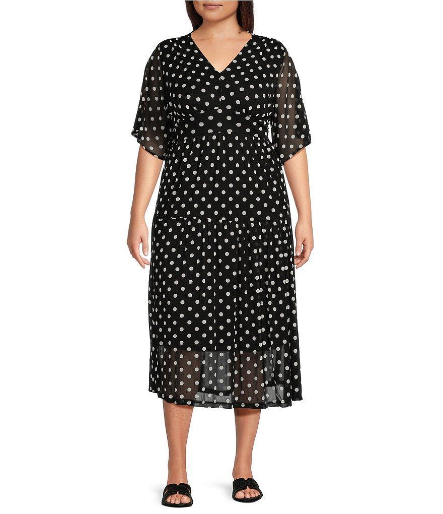 Calessa Plus Size Stretch Mesh Polka Dot Print V-Neck Flutter Sleeve Tiered Hem Midi Dress Product Image