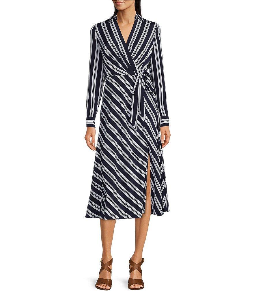 Lauren Ralph Lauren Striped Print Tie Front Faux Wrap V-Neck Long Sleeve Midi Dress Product Image