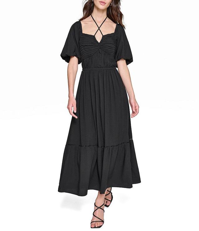 KARL LAGERFELD PARIS Square Halter Neck Short Puff Sleeve Midi Dress Product Image