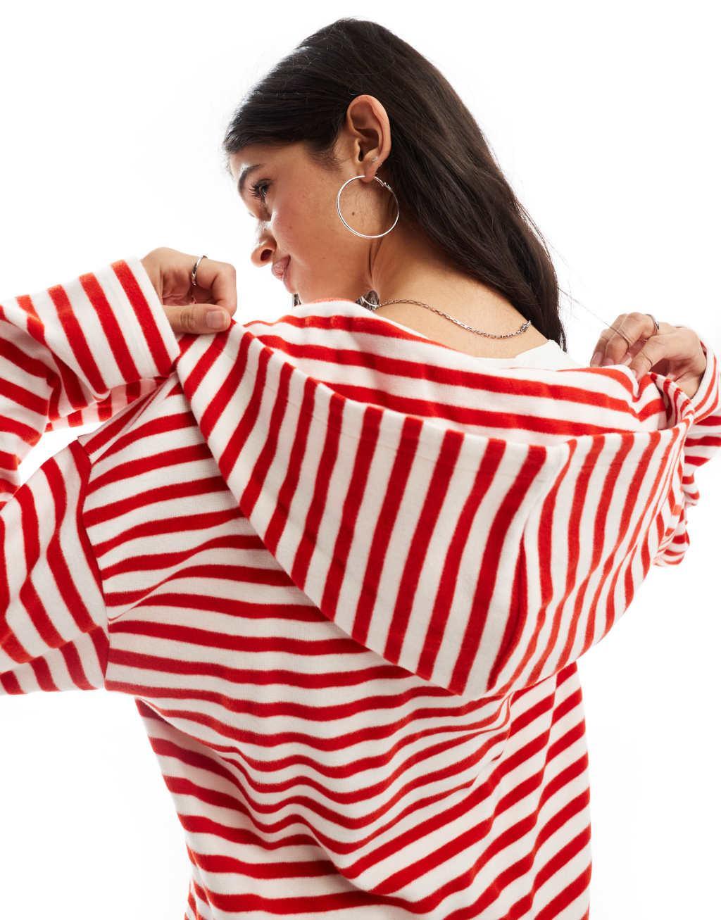 ASOS DESIGN supersoft boxy zip up hoodie in red and white stripe Product Image