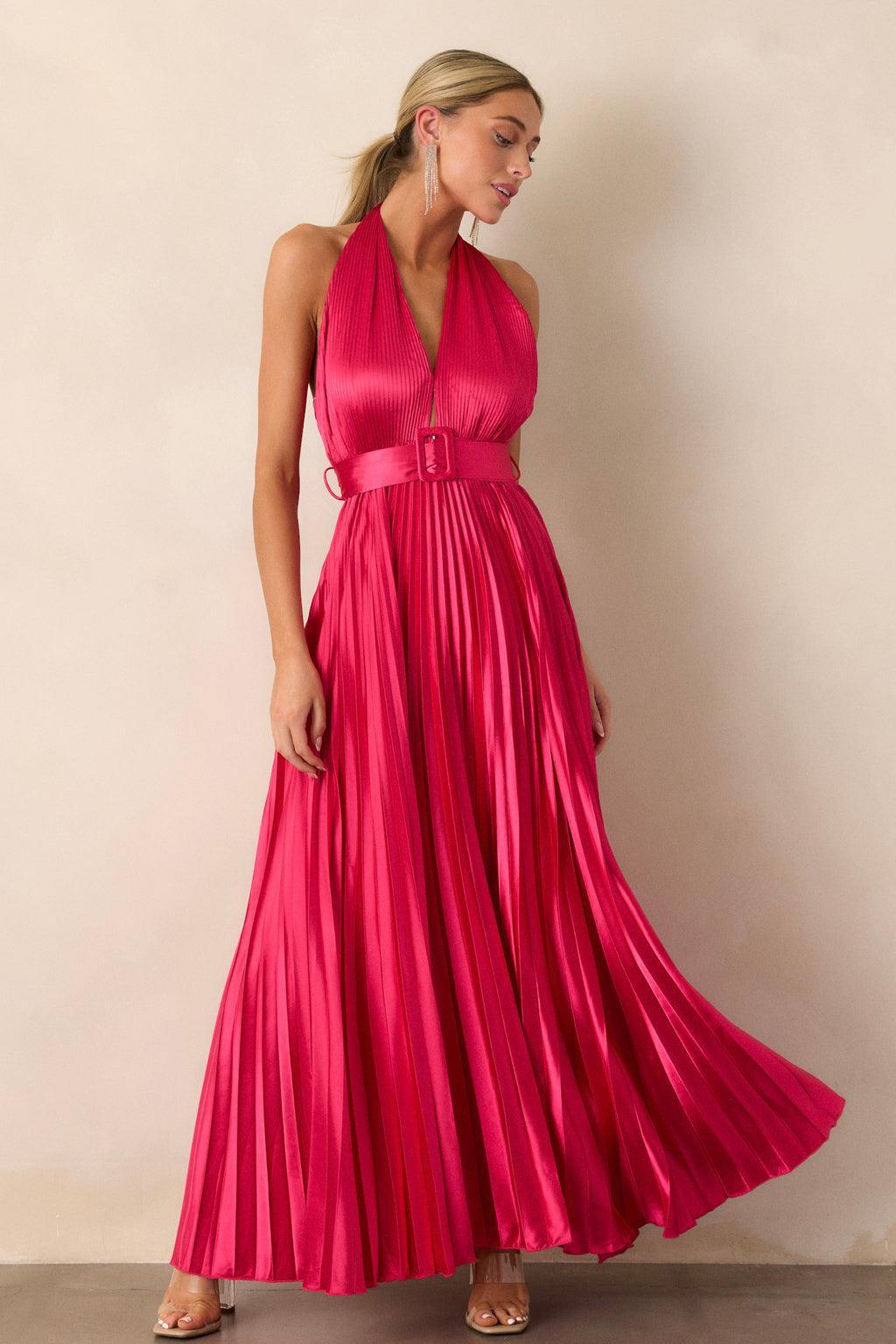 Runaway Icon Magenta Pink Pleated Halter Maxi Dress Product Image