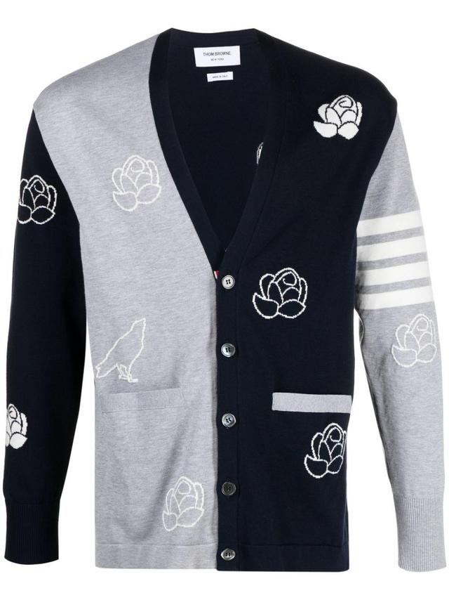 THOM BROWNE 4-bar Intarsia Cardigan In Blue Product Image