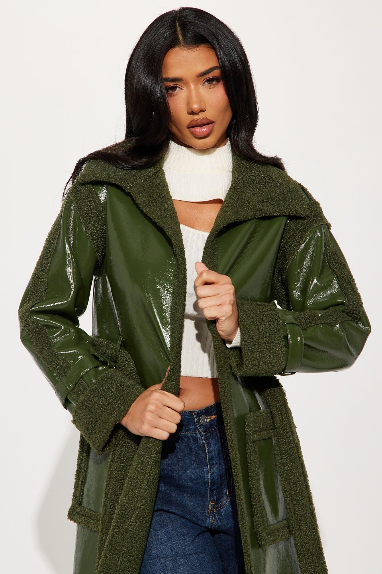 Bad Ideas Shearling Trench Coat - Olive Product Image