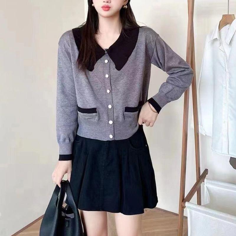 Collared Contrast Trim Button-Up Crop Cardigan Product Image